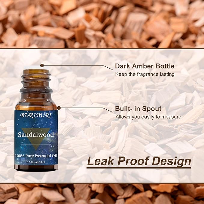 BURIBURI Sandalwood Essential Oils for Diffuser, Skin, Hair, 100% Pure, Fragrance Oil for Candle