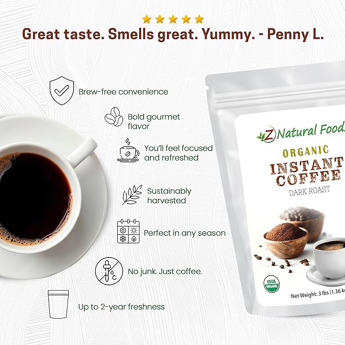 Z Natural Foods Organic Instant Coffee Powder - Rich Dark Roast Flavor, Arabica Instant Espresso