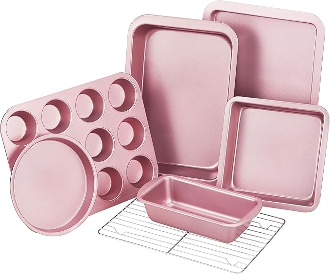 KITESSENSU Baking Pans Sets, Nonstick Bakeware Sets 7-Piece with Round/Square Cake Pan, Loaf Pan