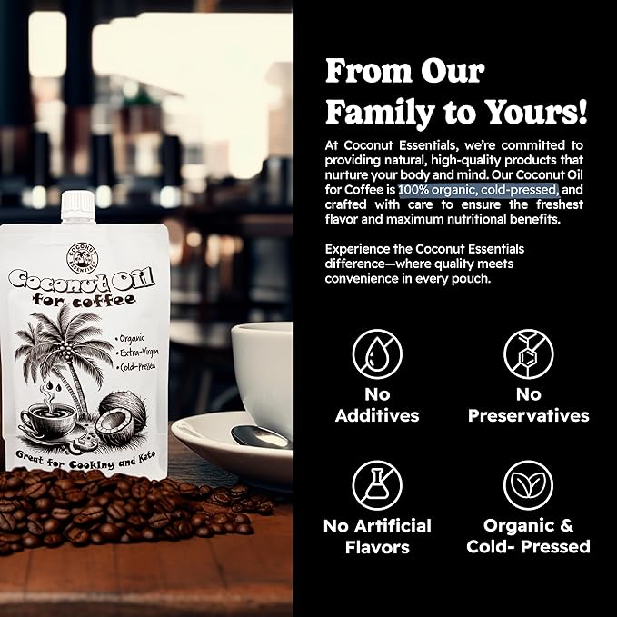 Coconut Essentials - Organic Coconut Oil for Coffee, Cold-Pressed, MCT Oil for Weight Loss, Brain &