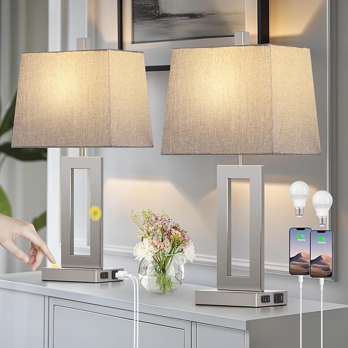 Touch Control Table Lamp Set of 2, Modern Silver Bedside Lamps with USB C+A Ports & AC Outlet, 3
