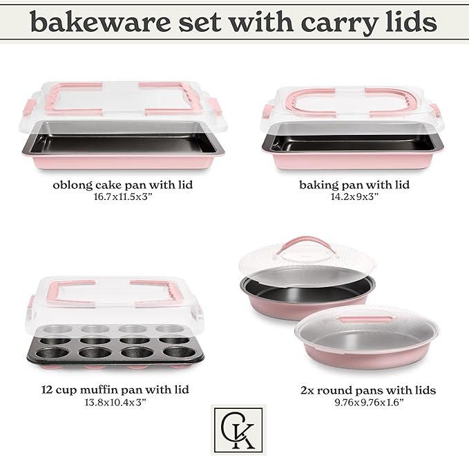 Country Kitchen Baking Pans Set - 10 Piece Non-Stick Cake Pans with Carry Lids for Easy Storage &