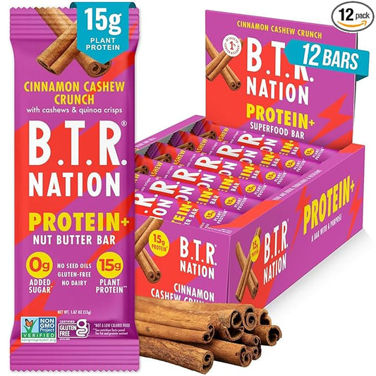 B.T.R. Nation Vegan Keto Plant Based High Protein & High Fiber Bars - Cinnamon Cashew Crunch
