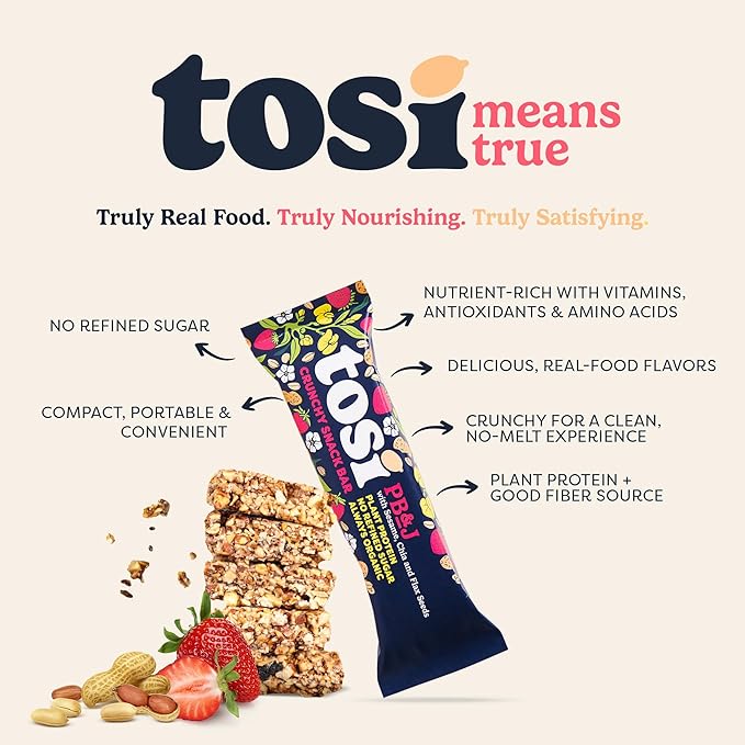 Tosi Peanut Butter & Jelly Protein Bars, Plant Based with Nuts, Gluten-Free Crunchy Snacks, Vegan