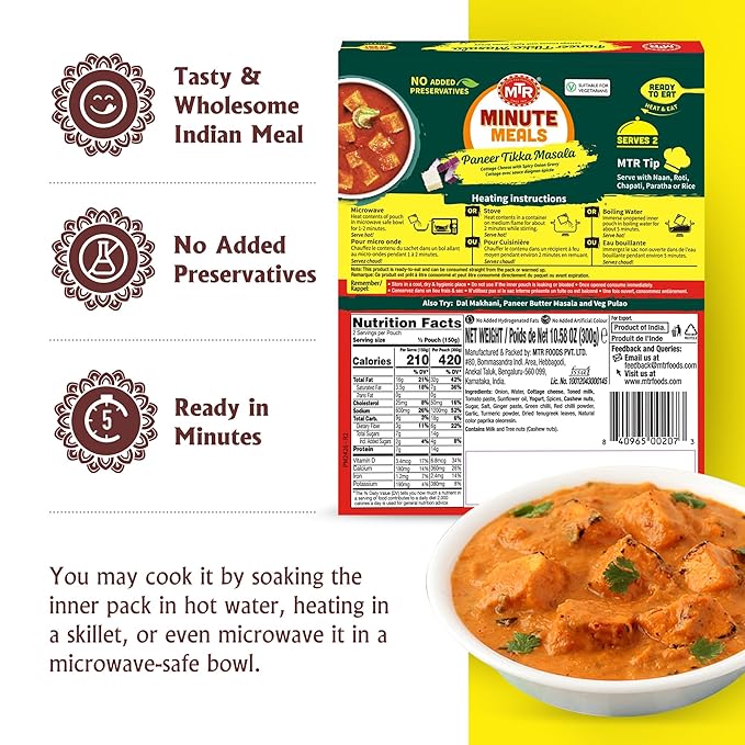MTR - Minute Meals: Paneer Tikka Masala - Cottage Cheese with Spicy Onion Gravy - Tasty Indian Meal