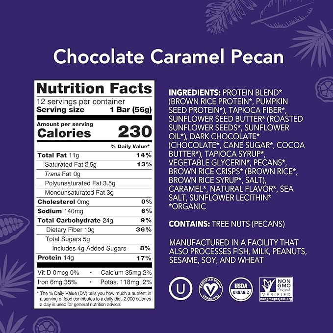 ALOHA Organic Plant Based Protein Bars | Chocolate Caramel Pecan | 12 Count, 1.98oz Bars | Vegan