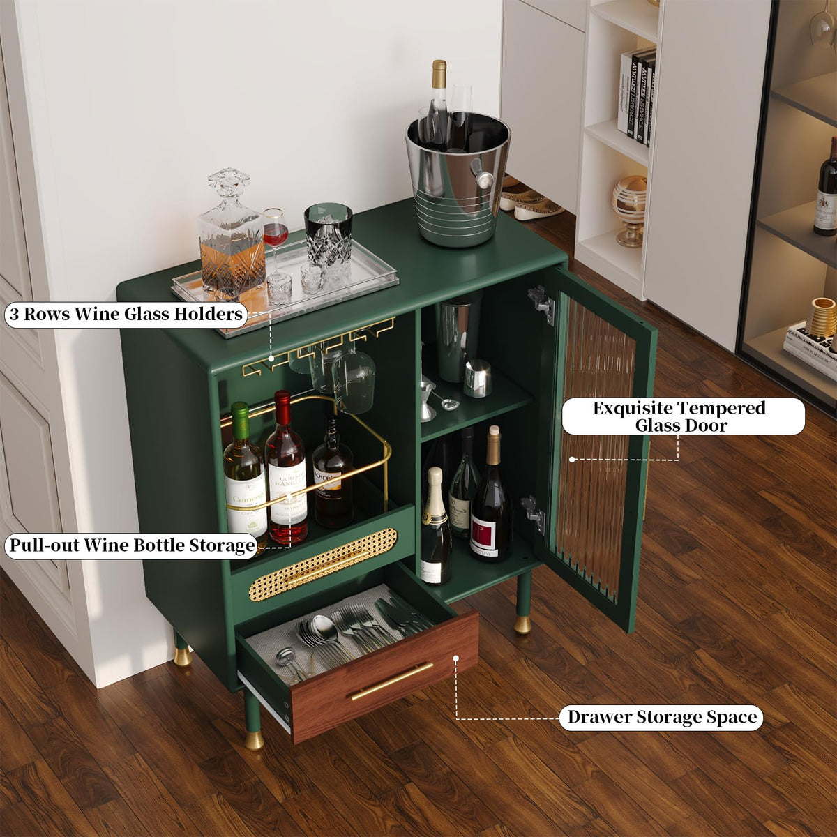 ARTPOWER Modern Coffee Bar Cabinet with Pull-Out Wine Storage, Green