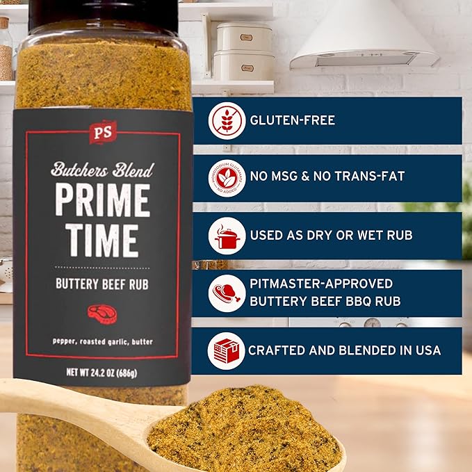PS Seasoning Prime Time Butchers Blend - Buttery Garlic and Herb BBQ Seasoning & Beef Rub for