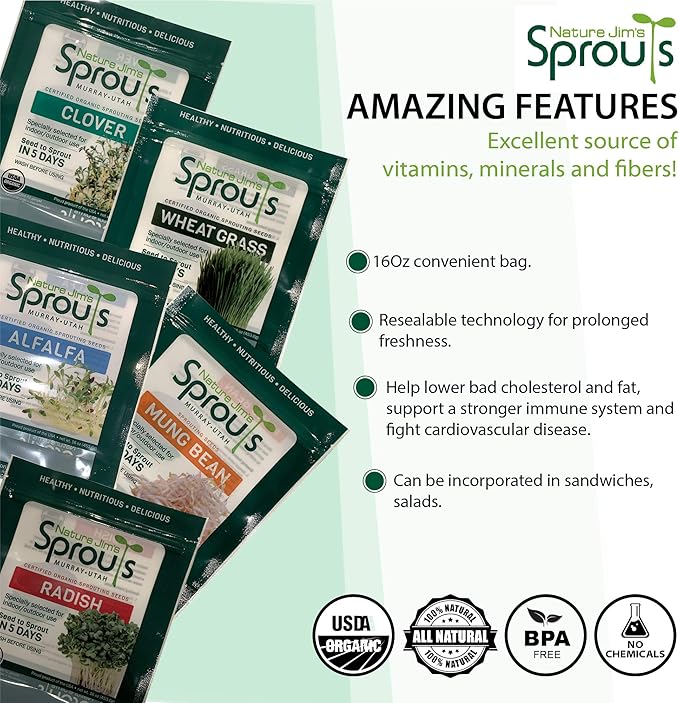 Nature Jims Sprouts Sunflower Seed - Certified Organic Black Oil Sunflower Sprouts for Soups - Raw