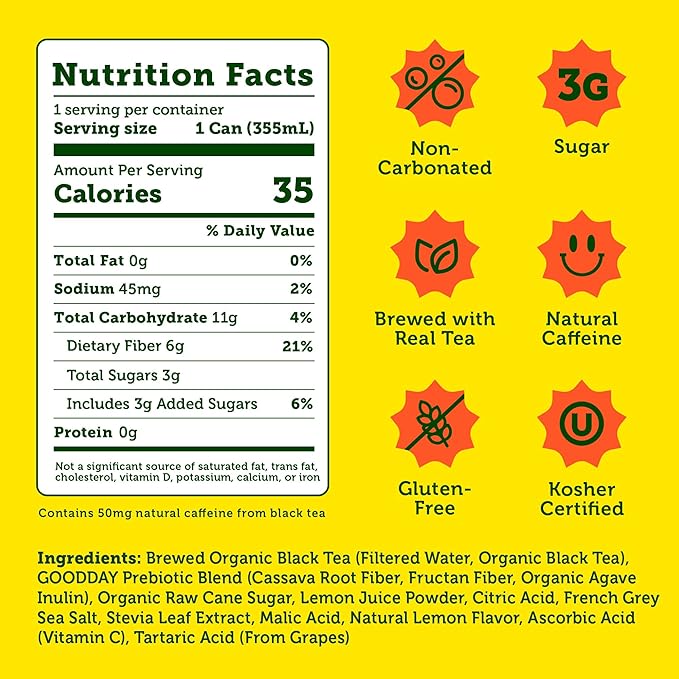 Halfday, Prebiotic Lemon Iced Tea, 12 Fl Oz Can