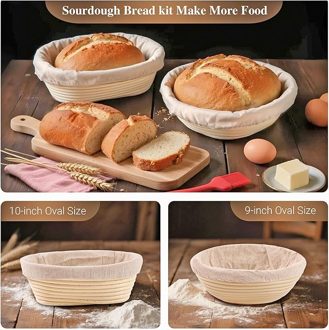 Sourdough Bread Proofing Basket Kit,9" Round and 10" Oval Banneton Basket with Liners &