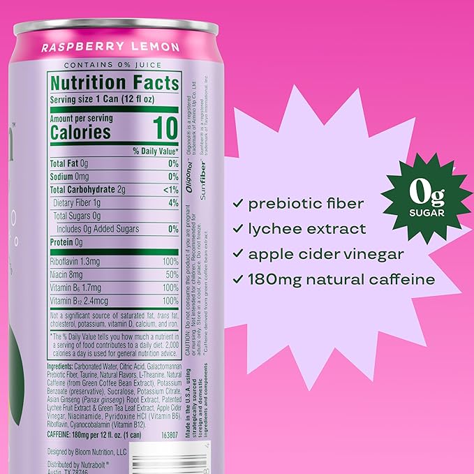 Bloom Nutrition Sparkling Energy Drink for Focus, Natural Caffeine, Zero Sugar, 180mg Caffeine