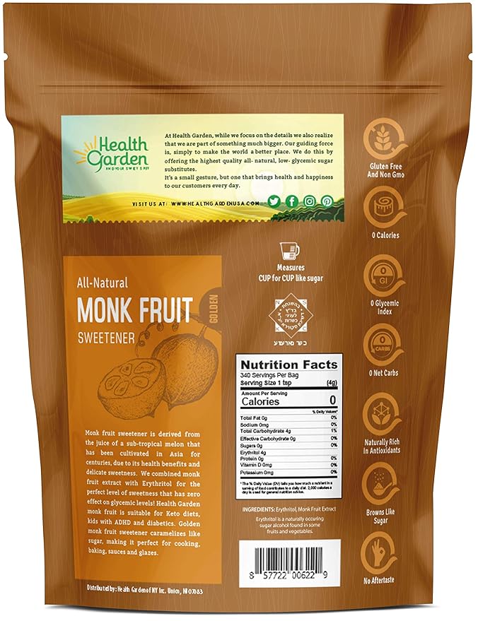 Health Garden Monk Fruit Sweetener, Golden- Non GMO - Gluten Free - 1:1 Sugar Substitute - Kosher