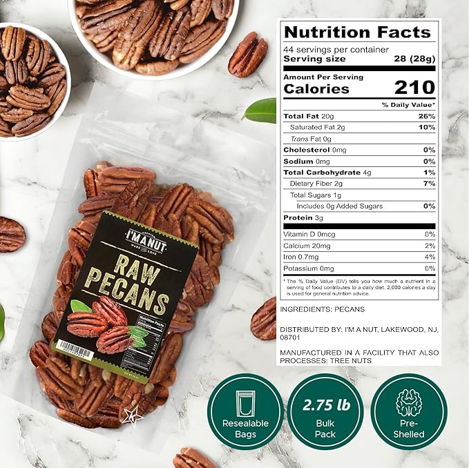 Premium Raw Pecan Halves 44oz (2.75 lb) | American-Grown, Non-GMO | Batch Tested Gluten & Peanut