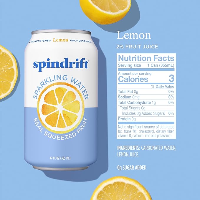 Spindrift Sparkling Water, Lemon Flavored, Made with Real Squeezed Fruit, 12 Fl Oz Cans, Pack of 24