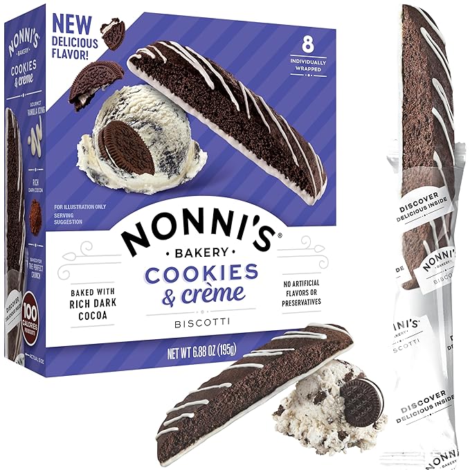 Nonni's Cookies & Crème Biscotti, Rich Dark Cocoa Cookie with Vanilla Icing, 8 Individually Wrapped