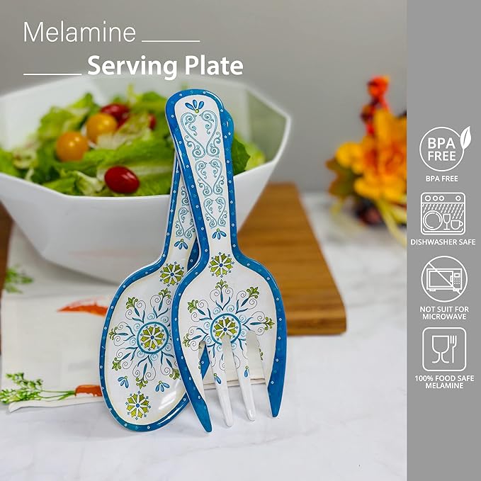 UPware Jewel Medallion Melamine Salad Servers, Serving Utensil Set, Includes Serving Fork and Spoon