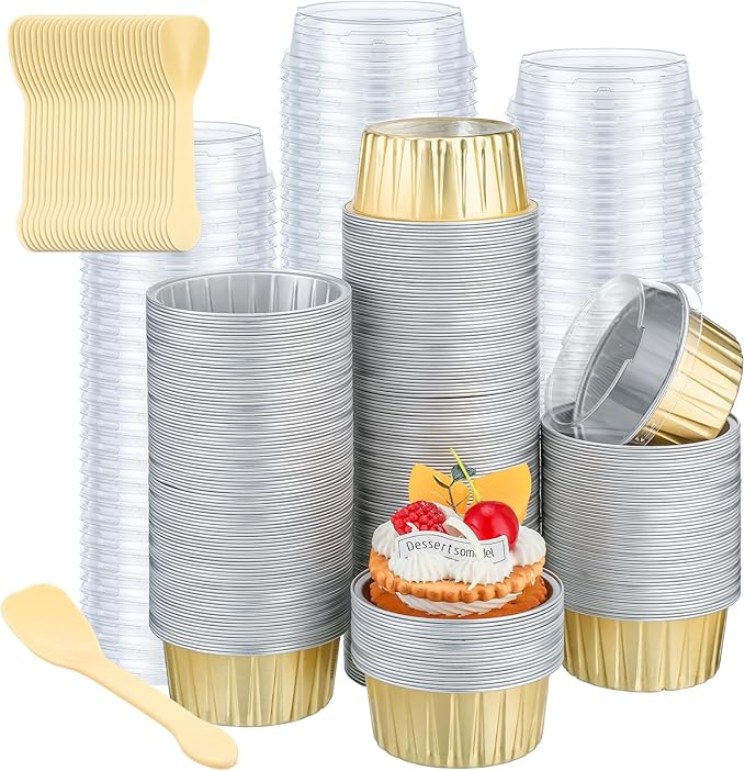 Hushee 600 Pcs Aluminum Foil Baking Cups with Lids and Spoons 5oz Disposable Ramekins Dessert