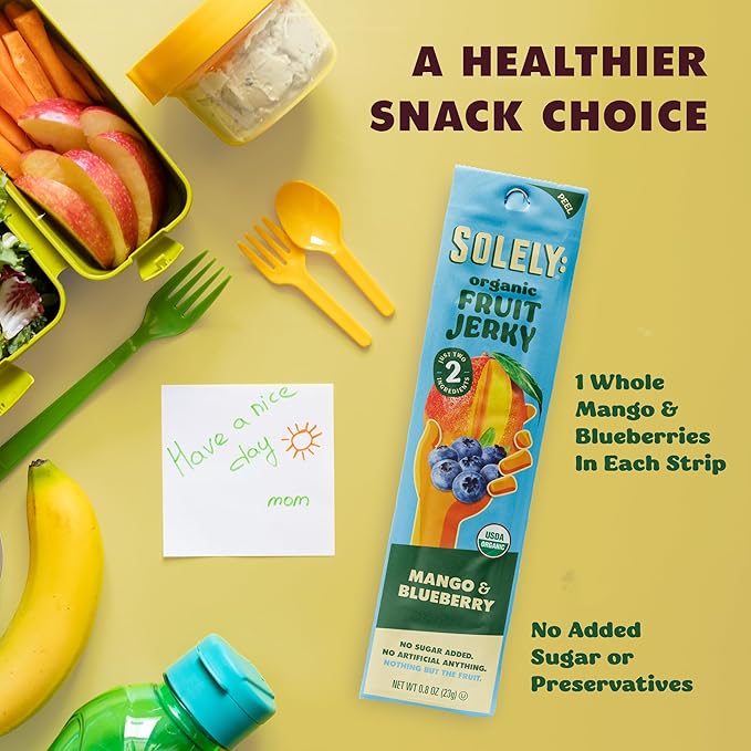 SOLELY - Organic Mango Blueberry Fruit Jerky - 12 Individually Wrapped Strips - Fruit Leather Made