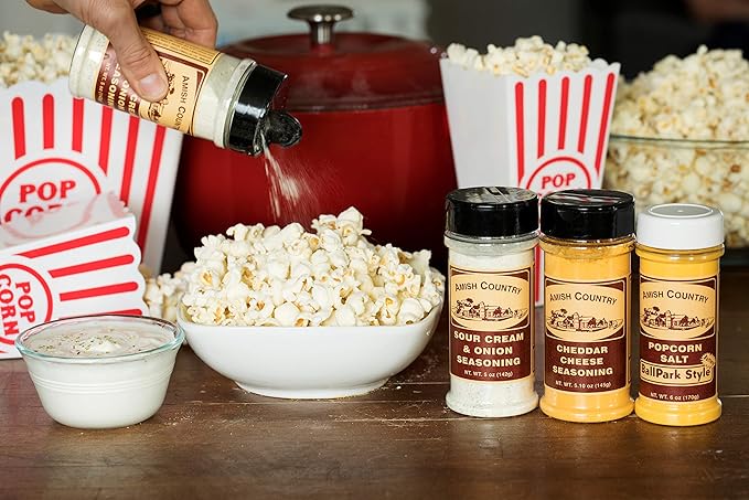 Amish Country Popcorn | Seasoning Variety Pack | 5.5 oz BallPark Style ButterSalt - 4.7 oz Cheddar