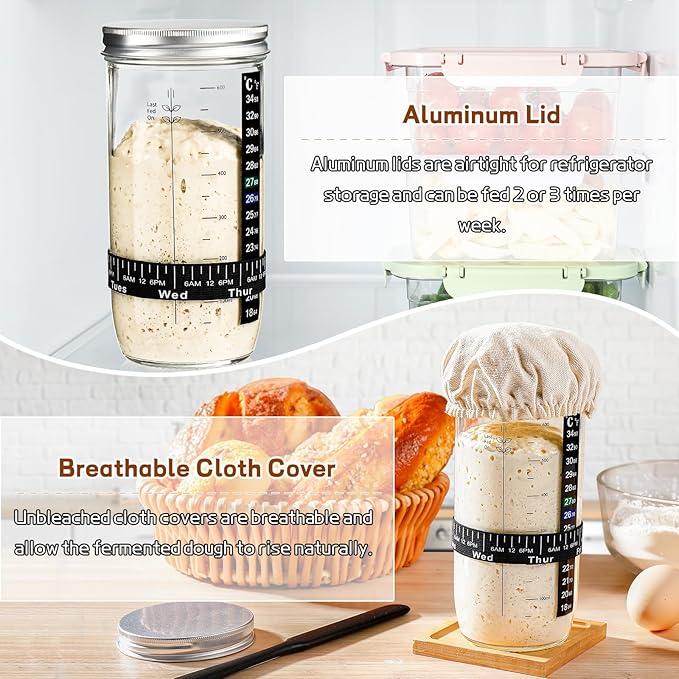 DWTS DANWEITESI Sourdough Starter Jar with Date Marked Feeding Band, Thermometer, Sourdough