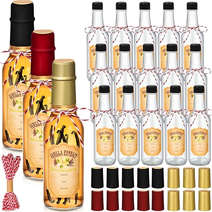 Tioncy 16 Pcs Vanilla Extract Bottles for Homemade Vanilla Jar Glass Bottle with Cap, Shrink Band