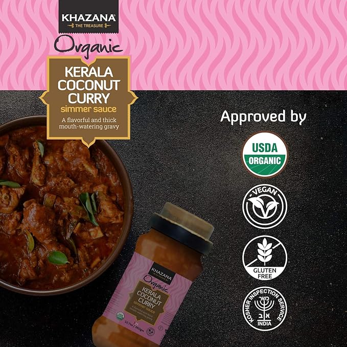 Khazana ORGANIC Kerala Coconut Curry Indian Simmer Sauce - 6 x 12.7oz Jars | Non-GMO, Vegan, Gluten