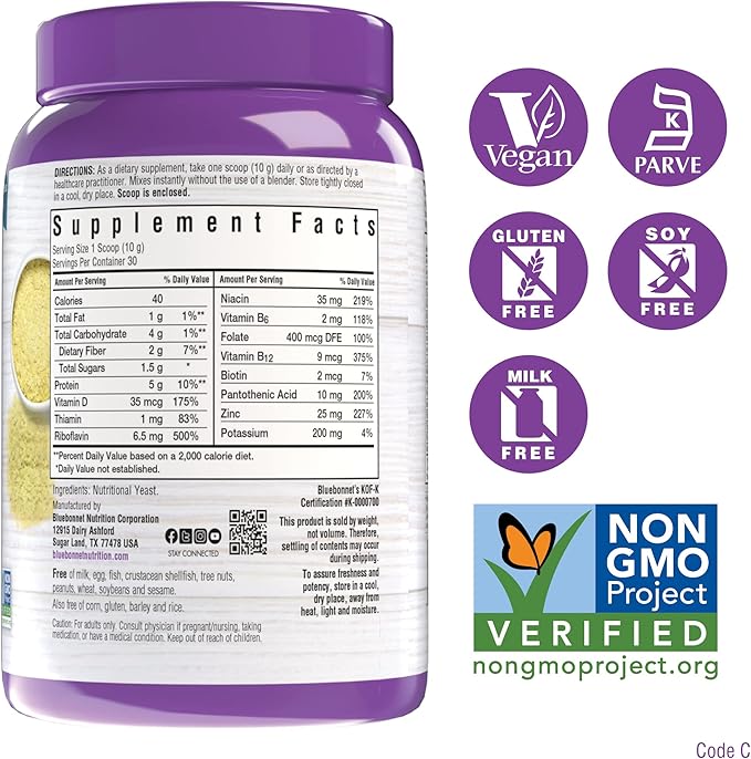 BlueBonnet Nutrition Non-Bitter Nutritional Yeast Flakes - Plant-Sourced Protein, B Vitamins &