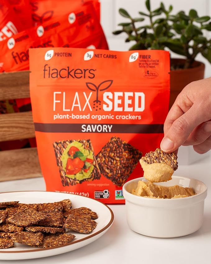 Flackers Organic Savory Flaxseed Crackers, 5 Ounce 4-Pack, Gluten Free, Non GMO, Vegan, Keto Snack