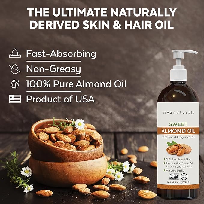 Viva Naturals Sweet Almond Oil for Skin - Body Oil, Hair Moisturizer and Relaxing Massage and Oil