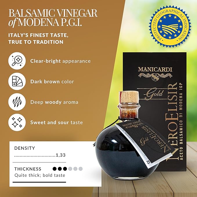 MANICARDI Balsamic Vinegar of Modena PGI - Dense Gold Elisir with Drip-Stop Dispenser Perfect for