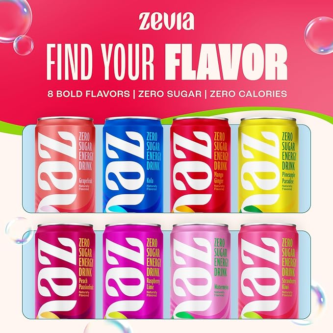 Zevia Zero Sugar Energy Drink, Strawberry Kiwi, 12 oz Cans (12-Pack) – Naturally Sweetened, Zero