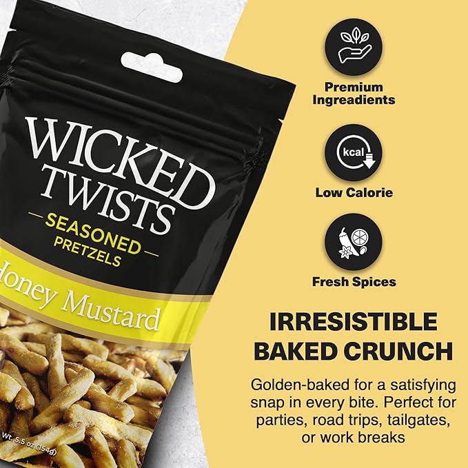 Wicked Twists Honey Mustard Seasoned Pretzels Twists 5.5 oz (3 Pack) Snack Pretzel Sticks Rods