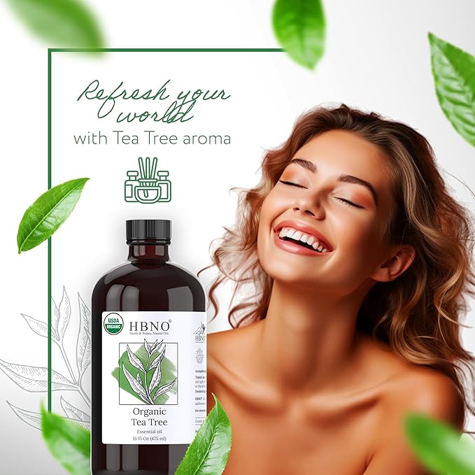HBNO Organic Tea Tree Oil - Huge 16 oz (475ml) Large Size - Ideal for Diffusers, Cleaning Agents