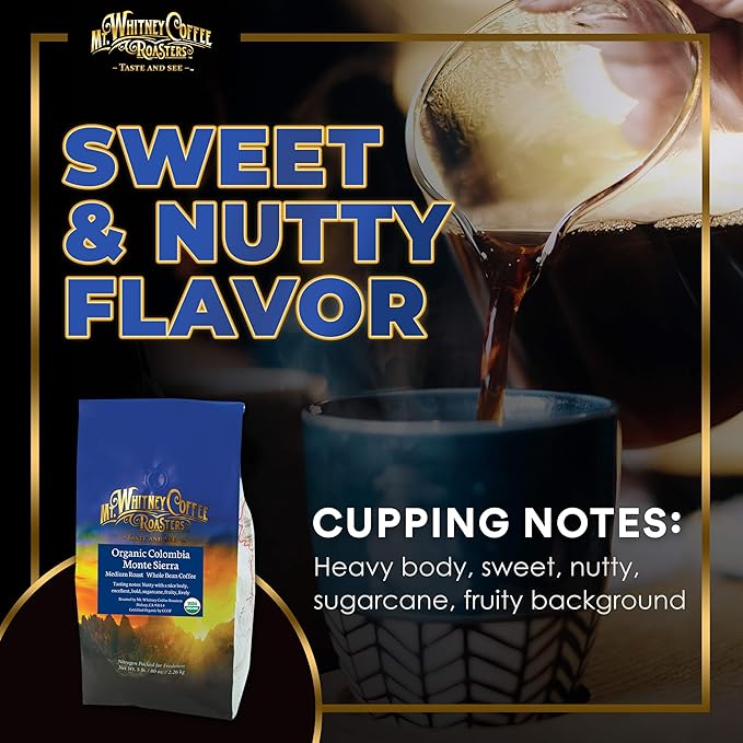 Mt. Whitney Colombia Monte Sierra Organic, Single Origin, Medium Dark Roast, Smooth Full Flavored