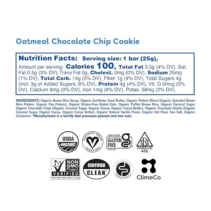GoMacro Kids MacroBar Organic Vegan Snack Bars - Oatmeal Chocolate Chip Cookie (0.90 Ounce Bars, 7