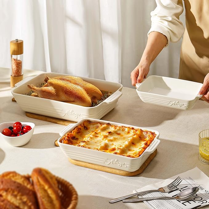 Ceramic Baking Dish Set, 3-Piece Casserole Dishes for Oven, Rectangular Baking Pans, Deep Lasagna