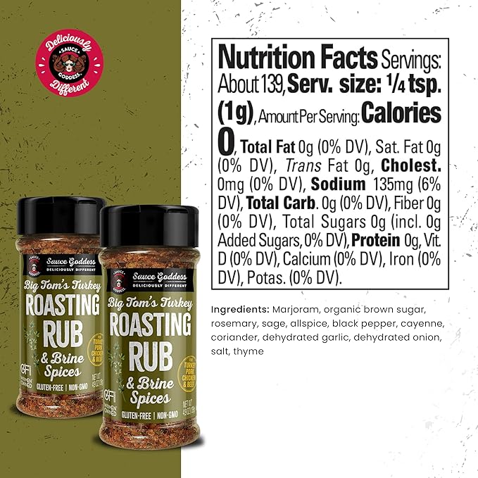 Sauce Goddess Big Tom's Turkey Roasting Rub and Brine Spices Shaker (2-Pack) - Gluten-Free