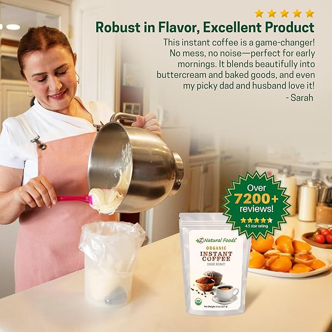 Z Natural Foods Organic Instant Coffee Powder - Rich Dark Roast Flavor, Arabica Instant Espresso