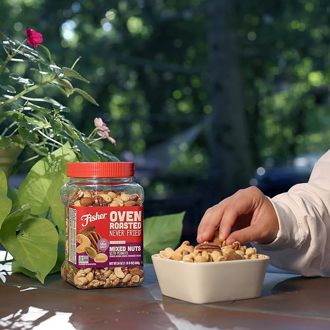 Fisher Oven Roasted Never Fried Mixed Nuts with Peanuts, 24 Ounces (Pack of 2), Peanuts, Almonds