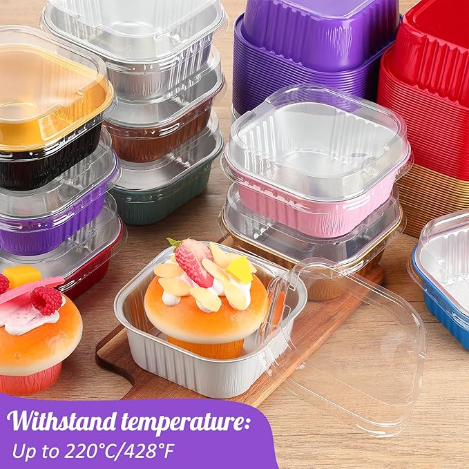 Aoriher 300 Pieces 10 oz Mini Cake Pans with Lids, Aluminum Foil Baking Cups, Square Disposable