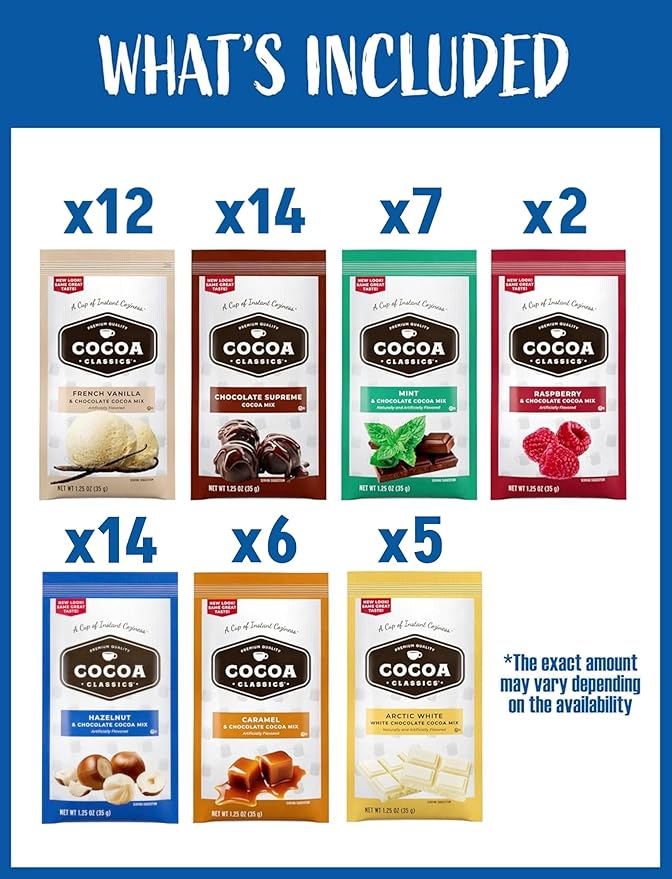 Hot Cocoa Mix Gift Set ??60 Count, 7 Flavors | Cozy Hot Chocolate Sampler Box for Students
