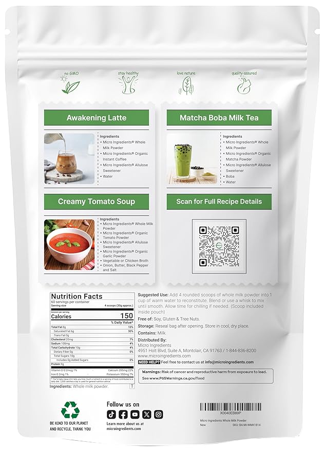 Micro Ingredients Whole Milk Powder, 4 lb | Pasture-Raised, rBST-Free | Pure & Rich in Protein |