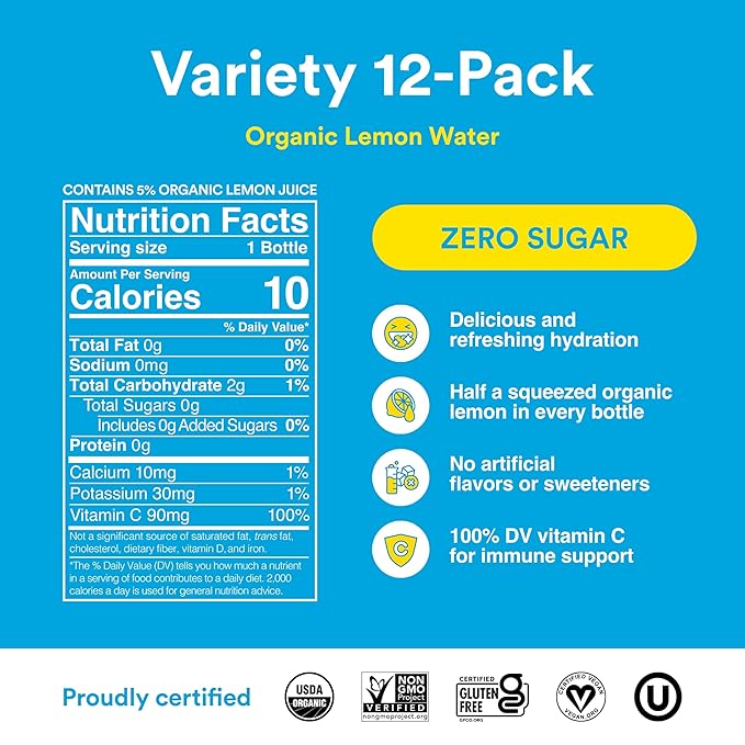 Lemon Perfect 4-Flavor Variety Pack, Flavored Lemon Water, Organic, Zero Sugar, Healthy Hydration