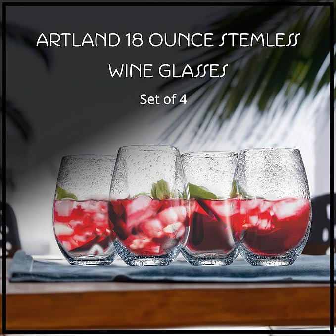 Artland Stemless Wine Glass, Set of 4 | Iris Seeded Design, Clear | Drinking Glass for Parties and