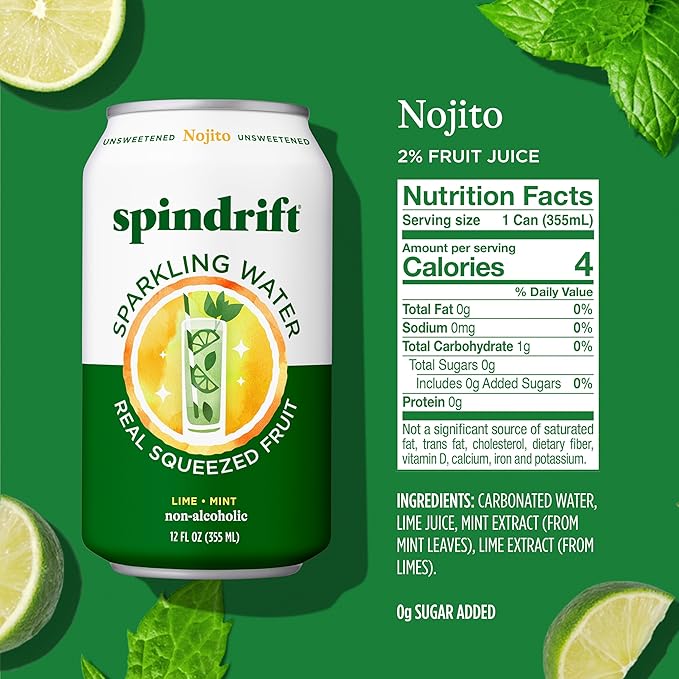 Spindrift Sparkling Water, Nojito Flavored, Made with Real Squeezed Fruit, 12 Fl Oz Cans, Pack of