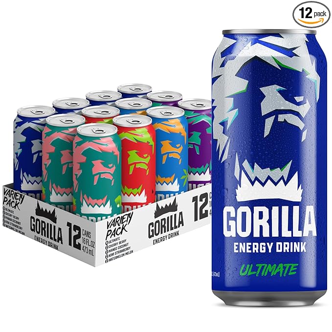 Gorilla Energy Drink, Variety Pack, 200mg Natural Caffeine, Real Fruit Juice Squeezed &