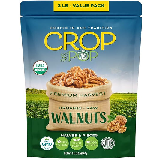 CROP BY POP - Organic Raw Walnuts Halves & Pieces (32 Oz - 2 LB) Packed Fresh in Resealable Bag