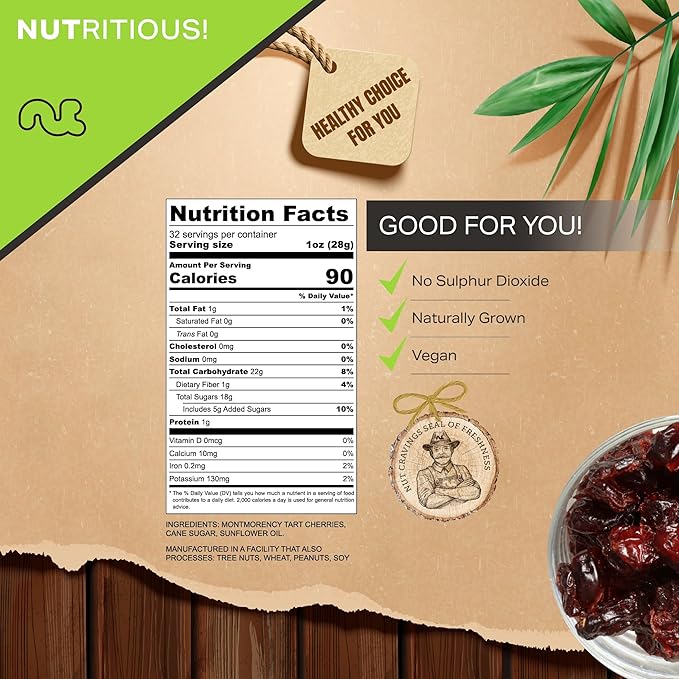 NUT CRAVINGS - Sun Dried Sour Tart Cherries, Lightly Sweetened, Unsulphured (32oz, 2 LB) Bulk Dry