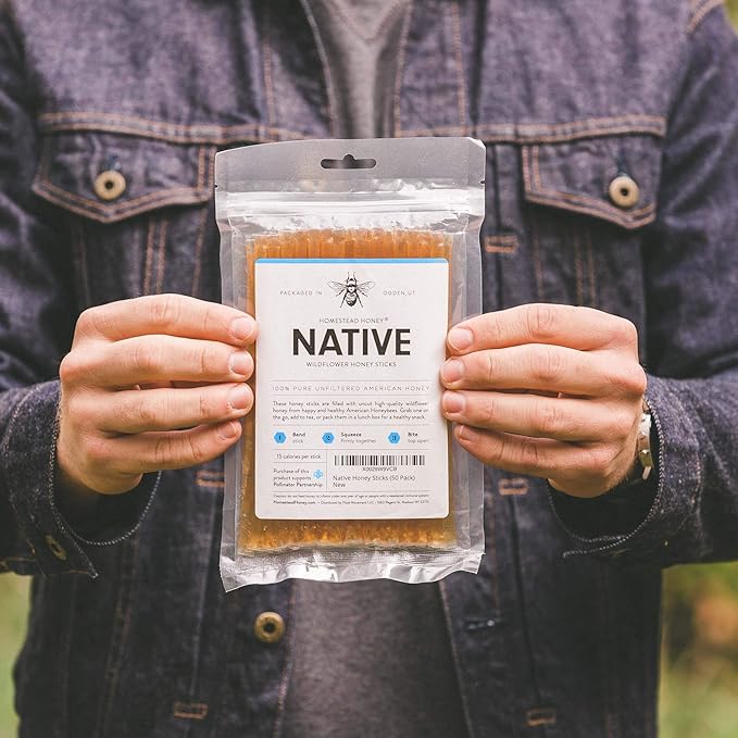 Homestead Honey Native Sticks 100 Count - Pure Wildflower - Individual Packets - Unfiltered Snack